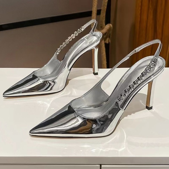 None Shoes - Glamorous Silver Slingback Heels